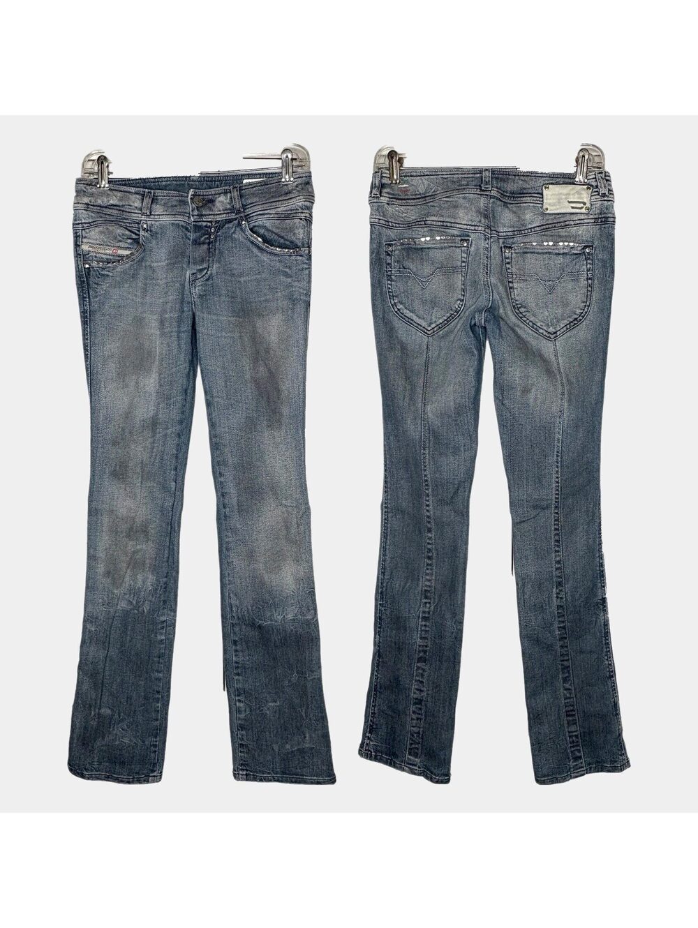 Vintage Diesel Rokket 61E Jeans W26 L30 Low Rise Straight Leg Studded Italy Y2K